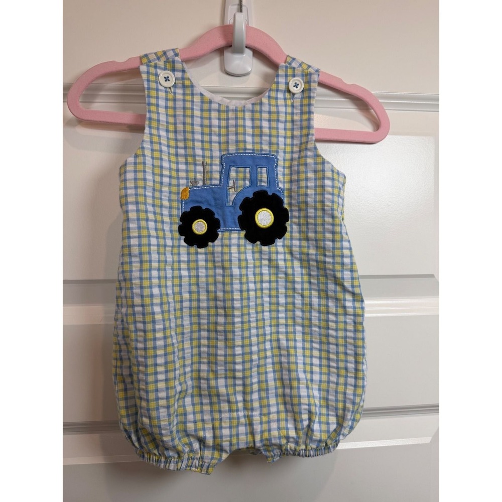 Good Lad Baby Boy Blue Yellow Gingham Tractor Applique Bubble Romper 9 Months